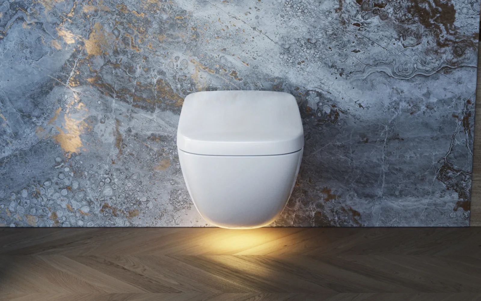 Ein modernes, schwebendes WC mit sanfter Bodenbeleuchtung, montiert vor einer Wand mit luxuriösem Naturstein in grauen und goldenen Tönen.