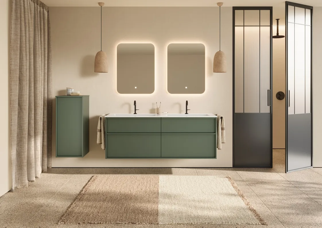 Waschtisch aus der Kollektion Uomo des Herstellers burgbad in der Farbe Rauchgrün matt.