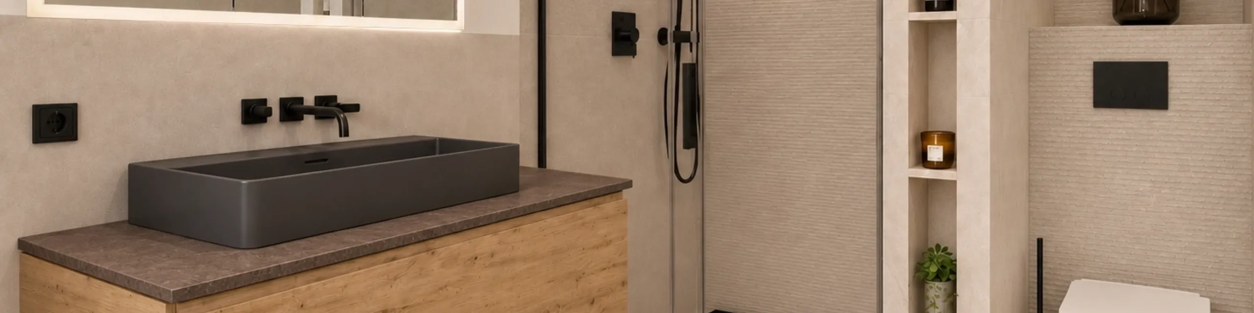 Exklusives Smart‑Home Bad mit Waschtisch und fugenloser Gestaltung