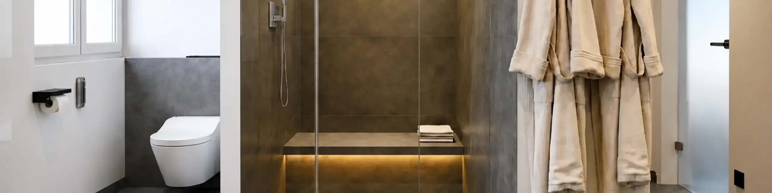 Wellness‑Badezimmer mit Walk‑in‑Dusche, integrierter Sitzbank und grauen Steinoberflächen