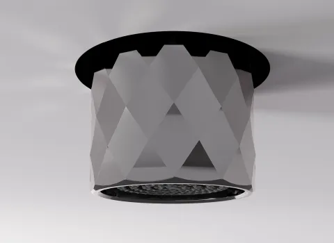 Die Frattini Waterdot Duschdüse zeigt ein auffälliges, geschliffenes Design mit polygonalen Flächen in metallischer Optik. 