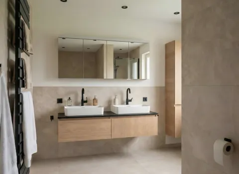 Stilvolles Bad mit zwei Aufsatzwaschbecken, großem Spiegelschrank, Wandfliesen in Natursteinoptik und Handtuchhalter-Heizkörper.