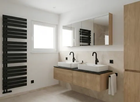 Zeitgemäßes Badezimmer mit wandmontiertem Waschtisch, schwarzen Armaturen und modernem Heizkörper neben Fenster.