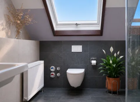 Economy‑Duschbad mit Dachfesnter, wandhängendem WC