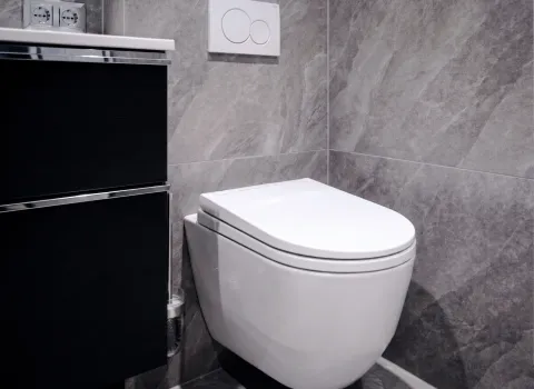 Badezimmer mit WC, Waschtisch und Unterschränke