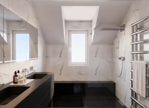 Premium‑Duschbad mit bodengleicher Dusche, Regenbrause und moderner Ausstattung