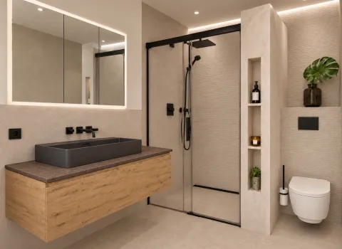 Smart‑Home Bad mit bodengleicher Dusche und fugenloser Gestaltung