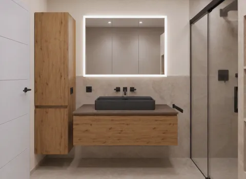 Smart‑Home Bad mit Waschtisch und beleuchtetem Spiegelschrank