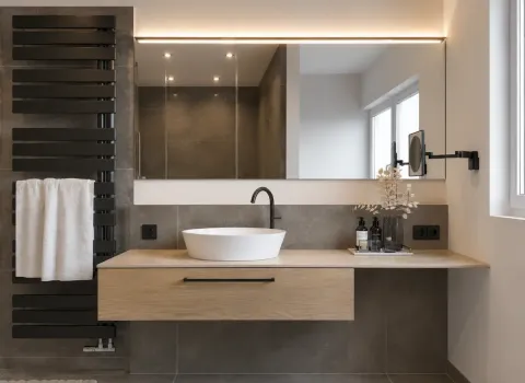 Waschtisch mit Aufsatzwaschbecken, Spiegelbeleuchtung und eleganter Lichtplanung