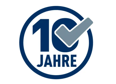 Rundes Siegel mit der Aufschrift „10 Jahre“ und einem Häkchen als Symbol für 10 Jahre Funktionsgarantie.
