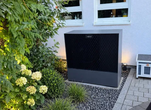 Moderne Viessmann Wärmepumpe als Außeneinheit vor einer weißen Hausfassade, umgeben von einer gepflegten Gartengestaltung mit Ziergräsern, Hortensien und Natursteinen.