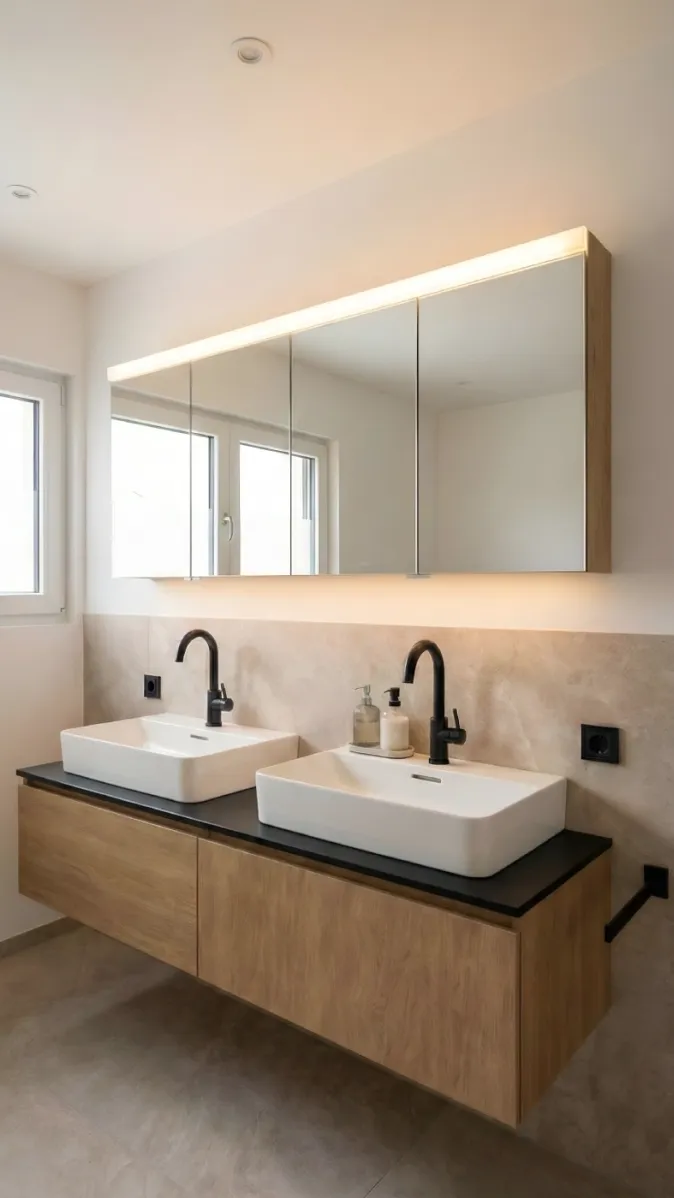 Moderner Doppelwaschtisch mit schwarzen Armaturen und Holz-Unterschrank in einem hellen Badezimmer mit Spiegelschrank.