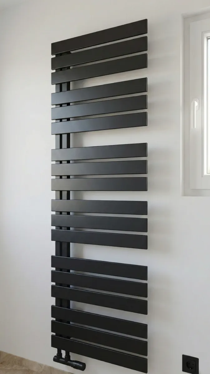 Zeitgemäßer Badheizkörper in Schwarz mit asymmetrisch angeordneten Streben für Handtücher.