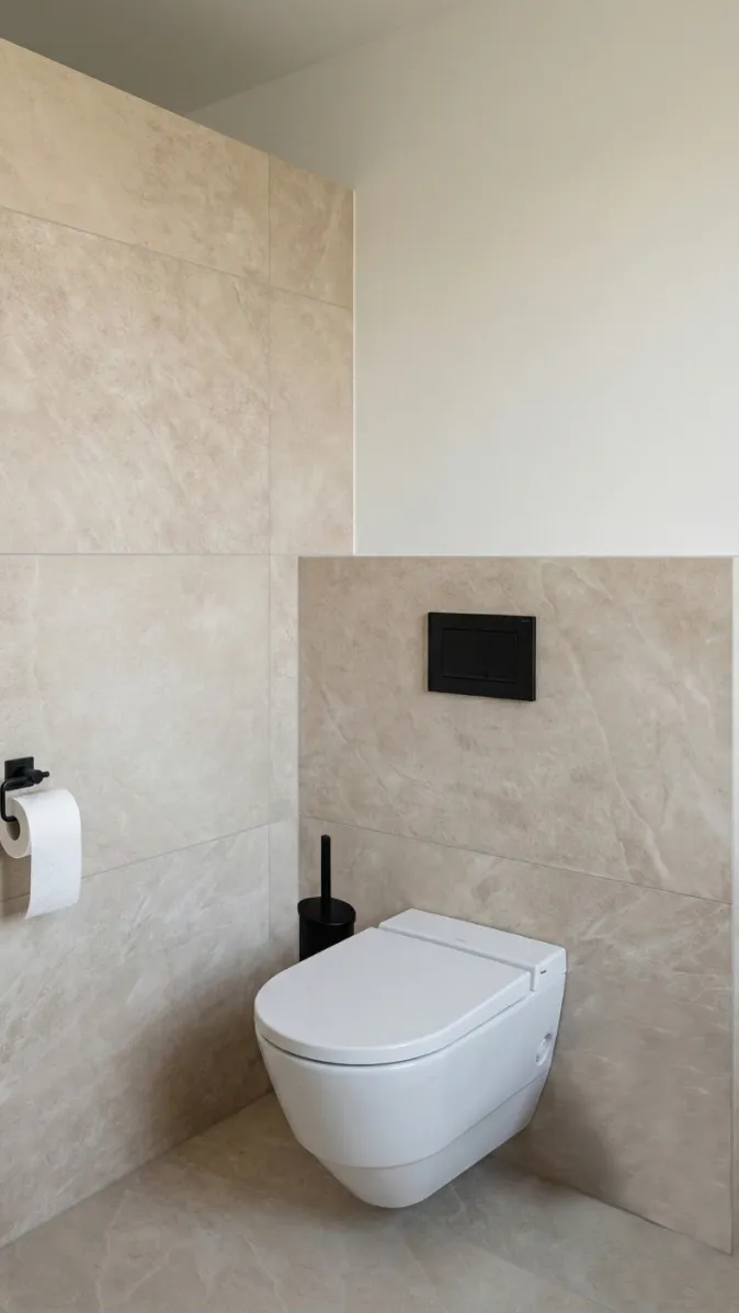 Weißes Hänge-WC in einem Bad mit großformatigen Natursteinfliesen und schwarzem Toilettenpapierhalter.