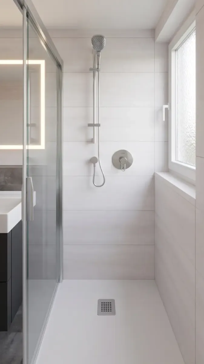 Duschbad mit Glasdusche, Chrom‑Armaturen und funktionaler Ausstattung