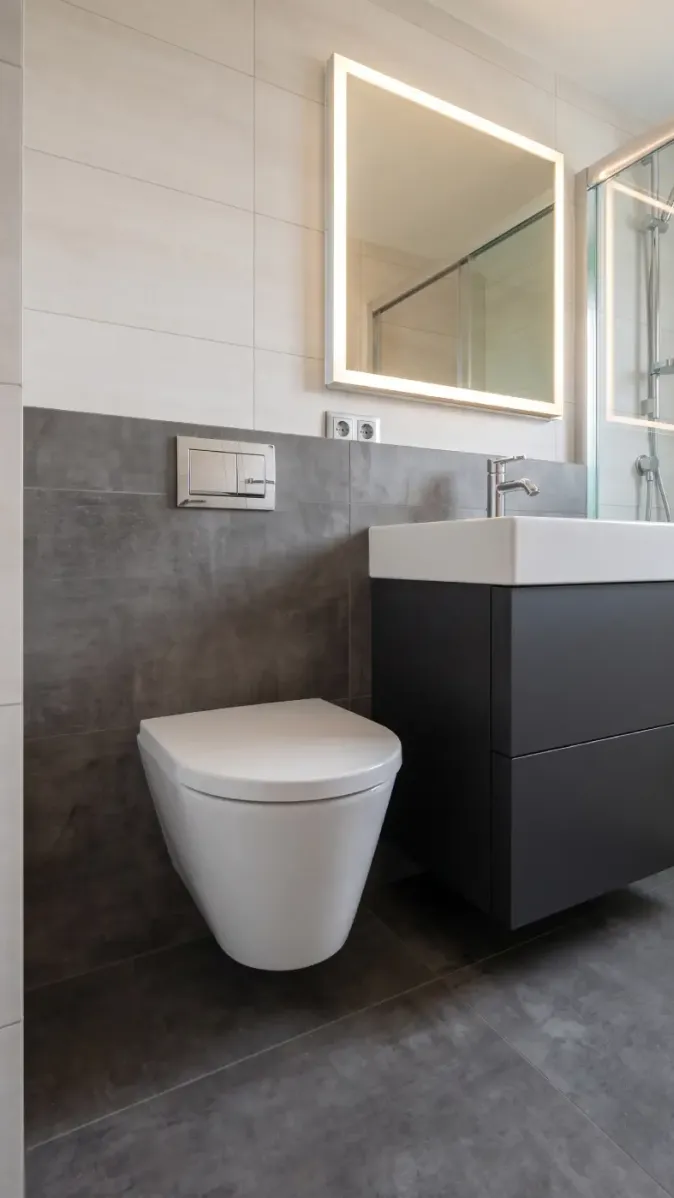Duschbad mit wandhängendem WC, Spülplatte und klarer Linienführung