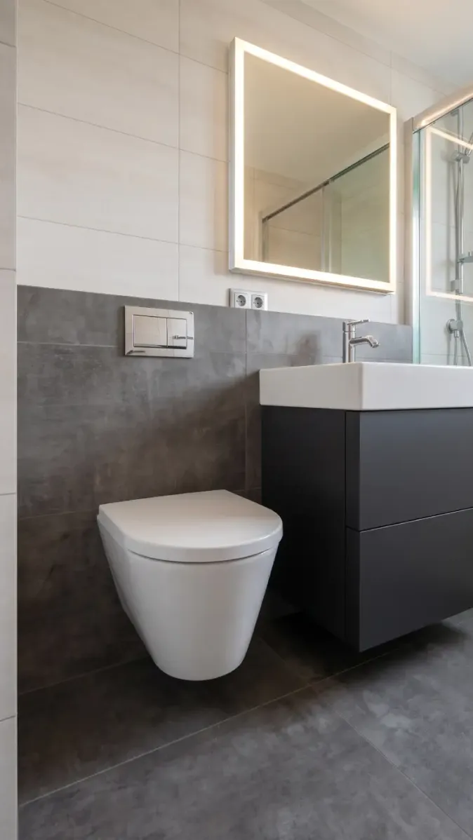 Duschbad mit wandhängendem WC, Spülplatte und klarer Linienführung