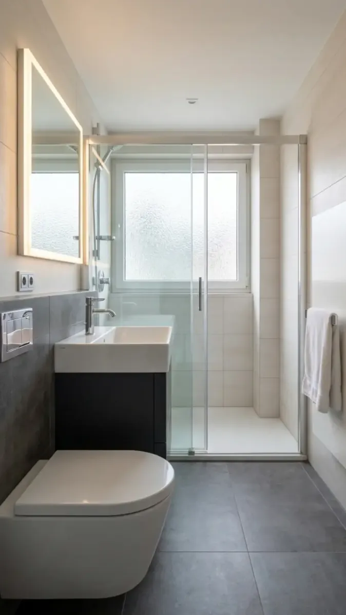 Duschbad mit Glasdusche, Fenster und minimalistischer Gestaltung