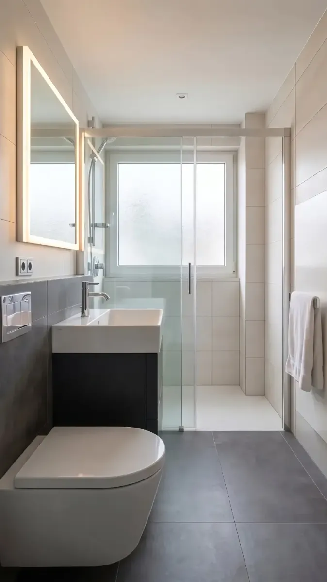Duschbad mit bodengleiche Dusche, Fenster und minimalistischer Gestaltung