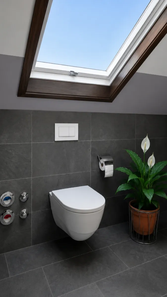 Comfort‑Duschbad mit dunklen Fliesen, Chrom‑Armaturen und funktionaler Ausstattung