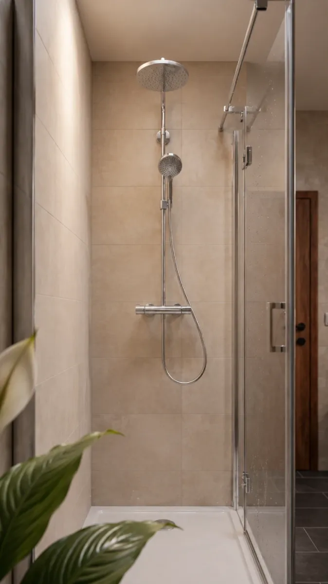 Economy‑Duschbad mit Glasdusche, Regenbrause und heller Wandgestaltung