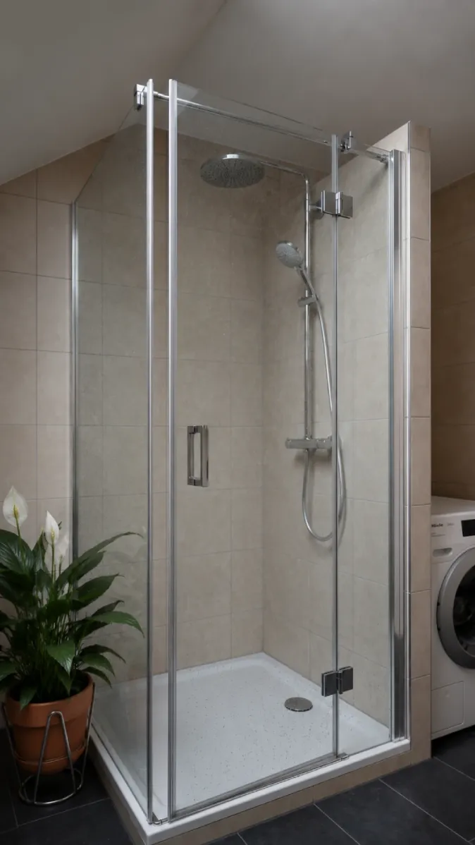 Economy‑Duschbad mit Regenbrause, Handbrause und dekorativen Naturakzenten