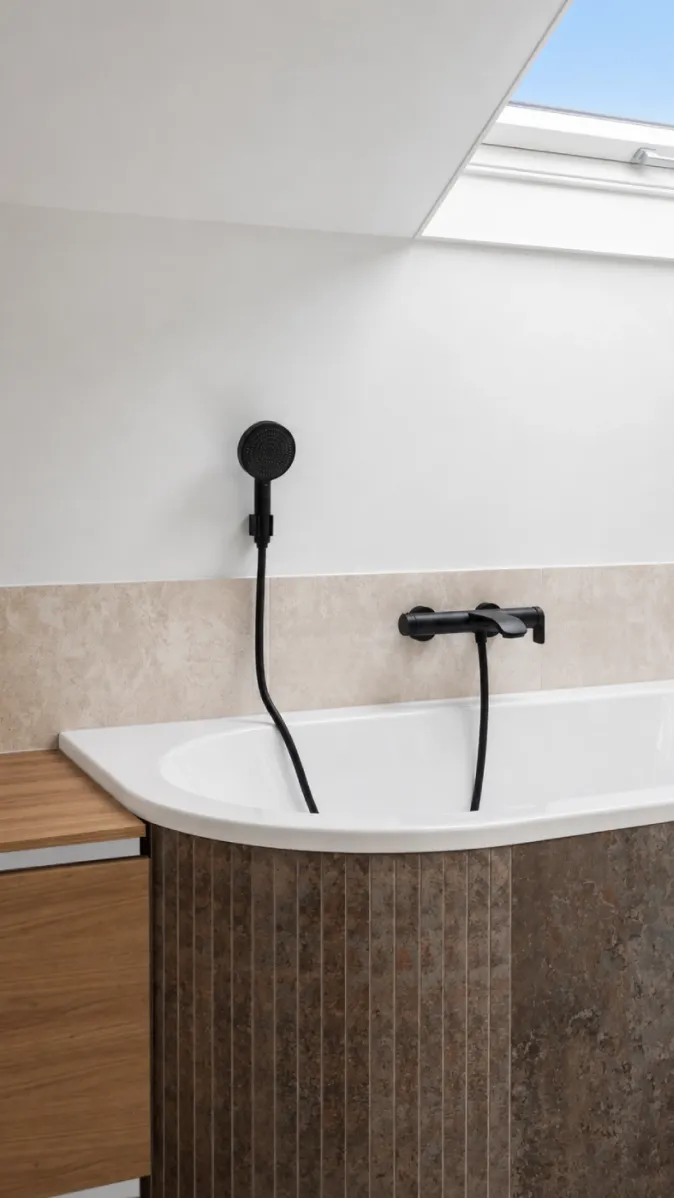 Premium Badrenovierung mit Badewanne, Oberlicht und schwarzen Armaturen