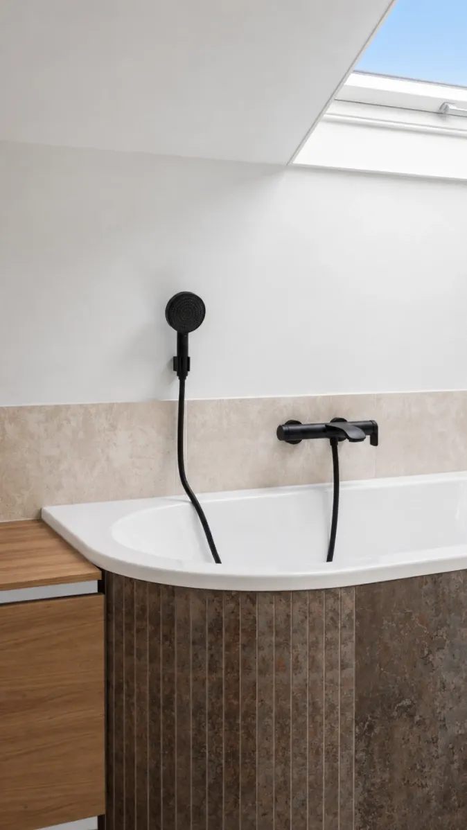 Premium Badrenovierung mit Badewanne, Oberlicht und schwarzen Armaturen