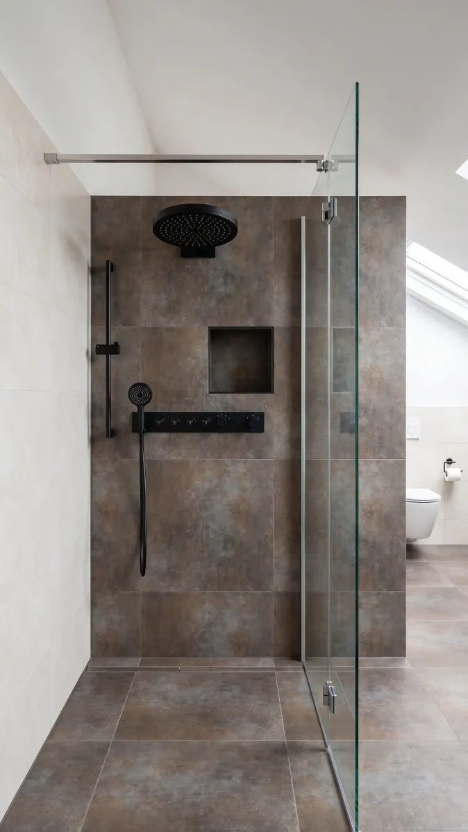 Premium Badrenovierung mit Walk‑in‑Dusche, Oberlicht und Steinfliesen