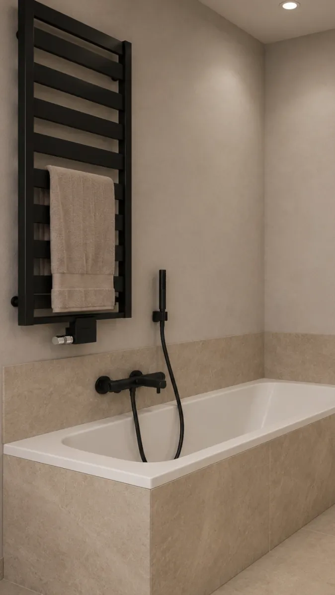 Smart‑Home Bad mit Badewanne und fugenloser Gestaltung