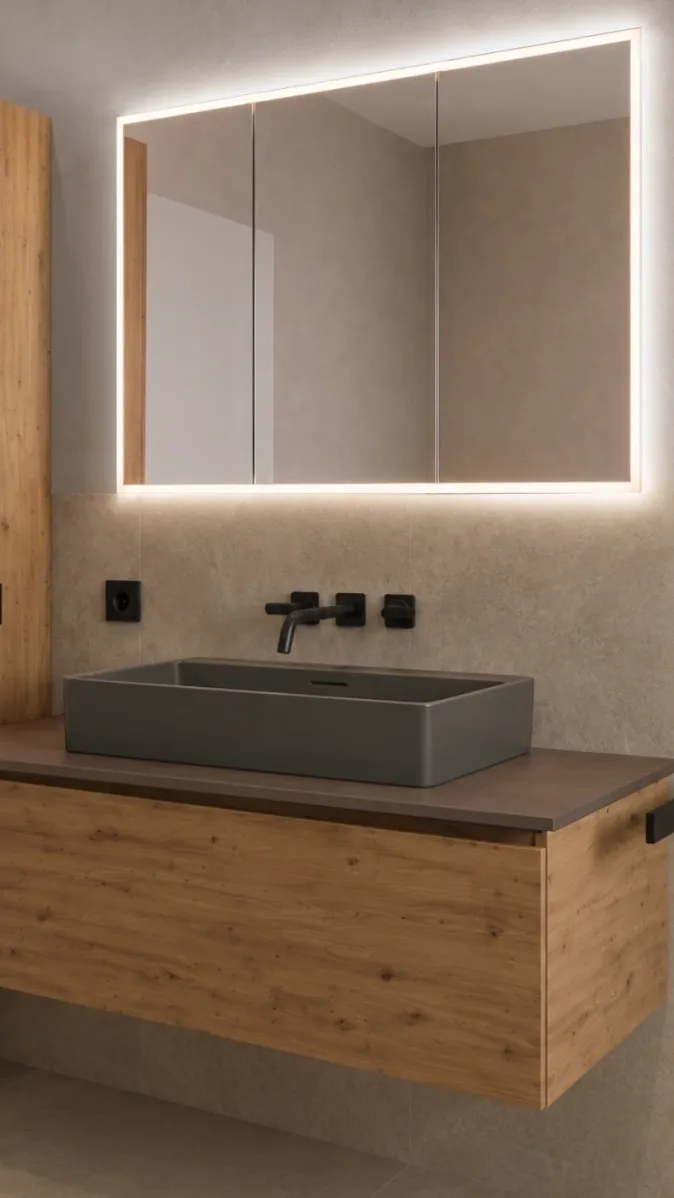 Smart‑Home Bad mit Waschtisch und fugenloser Gestaltung