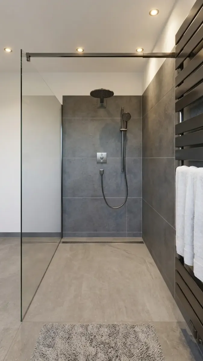 Wellness‑Badezimmer mit bodengleicher Walk‑in‑Dusche, Hansgrohe Armaturen und eleganter Lichtplanung