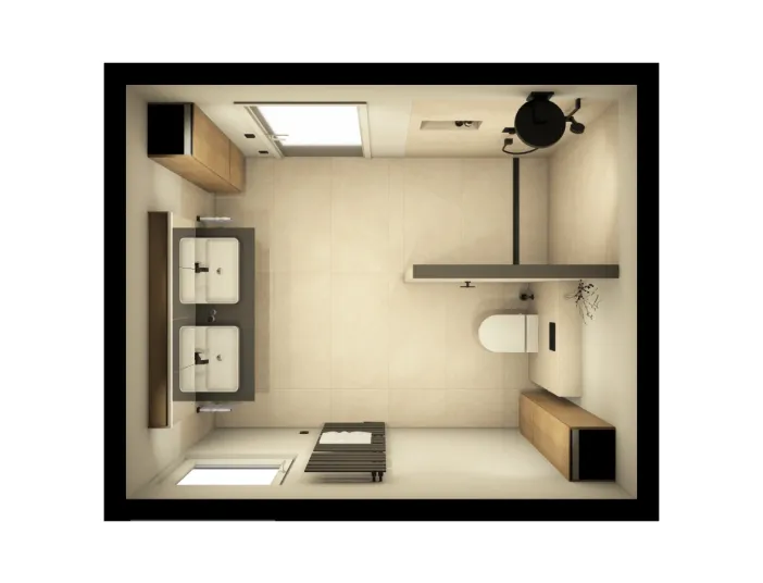 Draufsicht auf ein rechteckiges Badezimmer mit zwei Waschbecken, Walk-in-Dusche, wandmontierter Toilette und modernen Holzschränken.