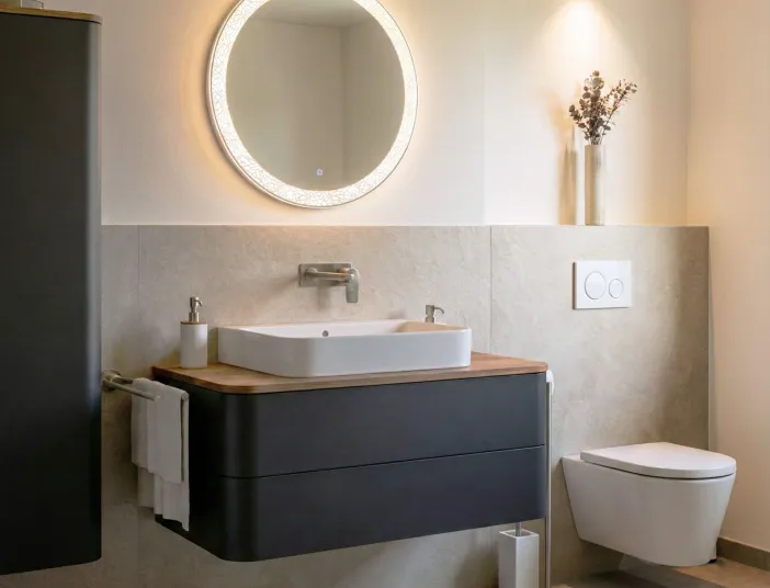 Fotorealistischer Planungsentwurf eines kompakten Comfort-Badezimmers mit Waschtisch, rundem Leuchtspiegel und schwebender Toilette in gedimmten Licht.