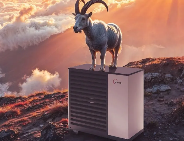 Steinbock auf einer Wärmepumpe im Sonnenuntergang