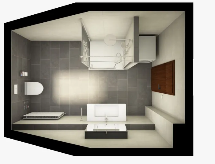 Economy‑Duschbad mit Glasdusche, dunklen Kontrastfliesen und harmonischem Design