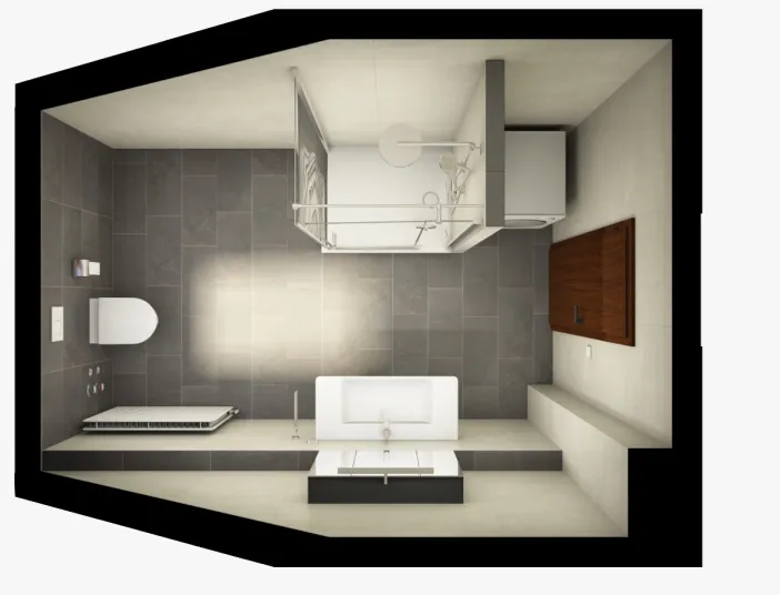 Economy‑Duschbad mit Glasdusche, dunklen Kontrastfliesen und harmonischem Design