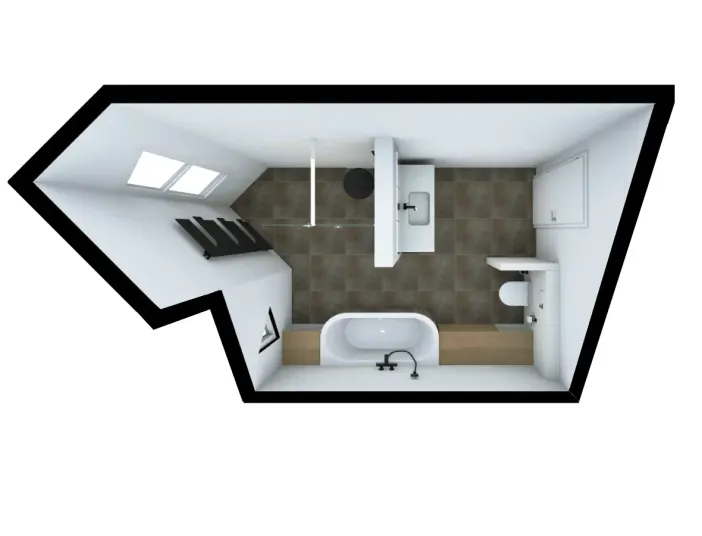Premium Badplanung mit Oberlichtern, Badewanne und Holzdetails