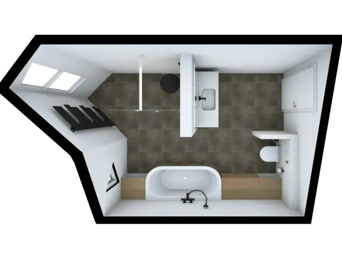 Premium Badplanung mit Oberlichtern, Badewanne und Holzdetails