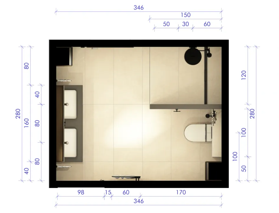 3D-Grundriss eines modernen Badezimmers mit Doppelwaschtisch, bodengleicher Dusche und Wand-WC