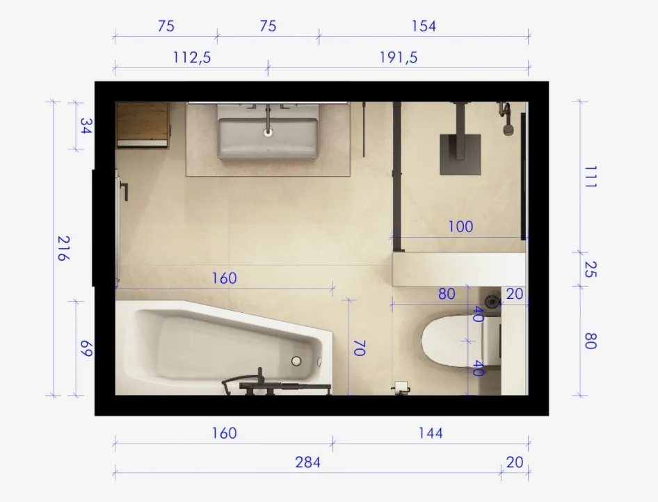 Grundriss Smart‑Home Bad mit Dusche und fugenloser Gestaltung