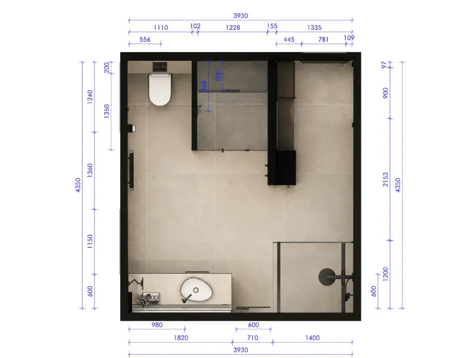 Grundriss Wellness‑Badezimmer mit großformatigen Fliesen und eleganter Struktur
